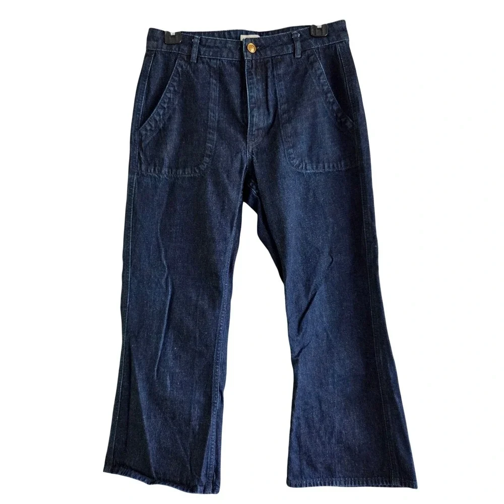 Tory Burch Women Dark Indigo High Rise Wide Leg Denim Jeans Gold Logo Button 29‎